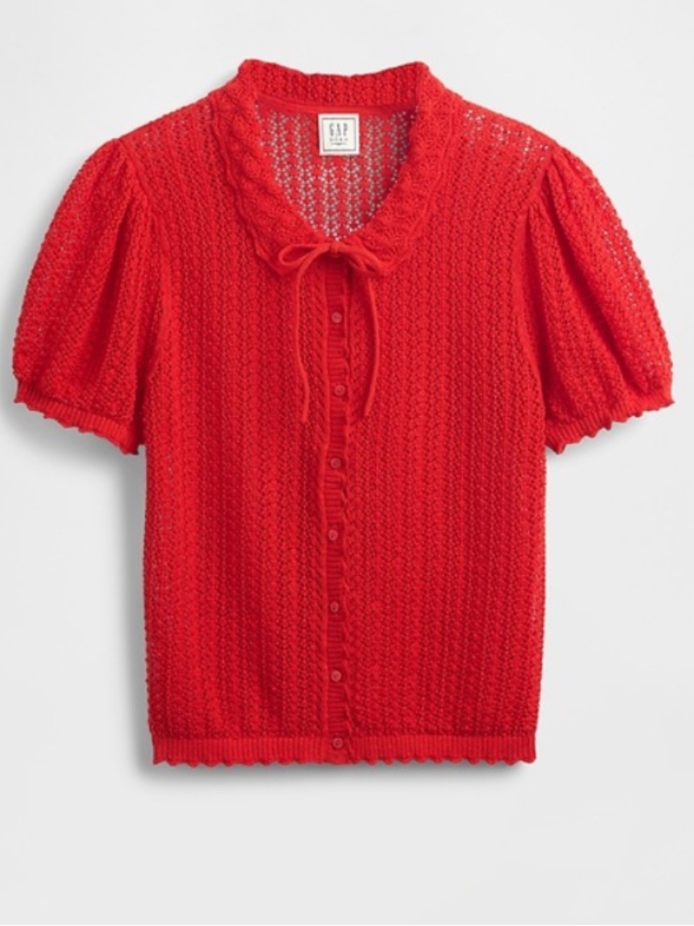 Gap x Doen Red Knit Pointelle Short-Sleeve Button Cardigan Sweater - Picture 3 of 6